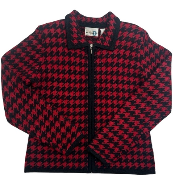 Paul Harris Design Wool Red Houndstooth Zip Cardigan Sweater Small Cottagecore - Picture 4 of 10
